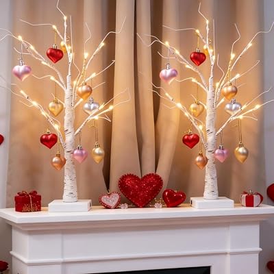 2Pack Valentines Day Decor Lighted Birch Tree with Heart-Shaped Ornaments,USB&Battery Operated Light Up Artificial Tree for Home Indoor Party Valentines Day Decorations Warm White