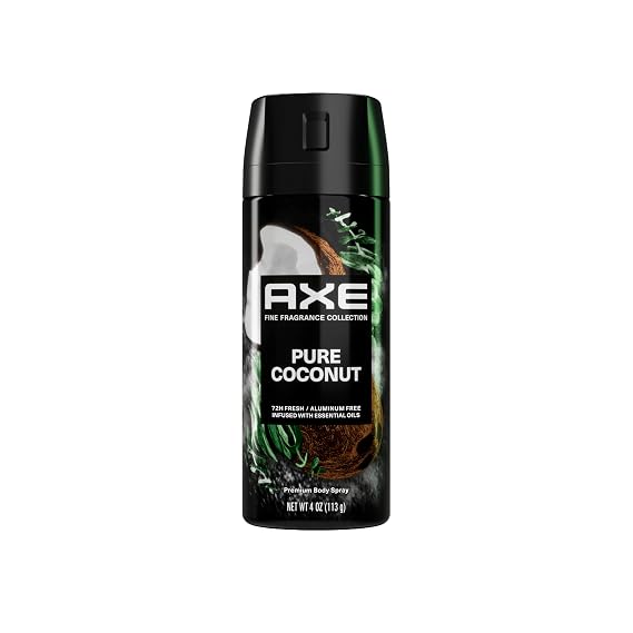 AXE Fine Fragrance Collection Premium Deodorant Body Spray for Men Pure Coconut with 72H Odor Protection and Freshness Infused with Coconut, Eucalyptus, and Oak Essential Oils 4 oz