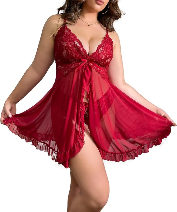 Sexy Lingerie for Women Babydoll V Neck Nightwear Chemise Nightie Mesh Sleepwear Floral Hem See Through Nightgown