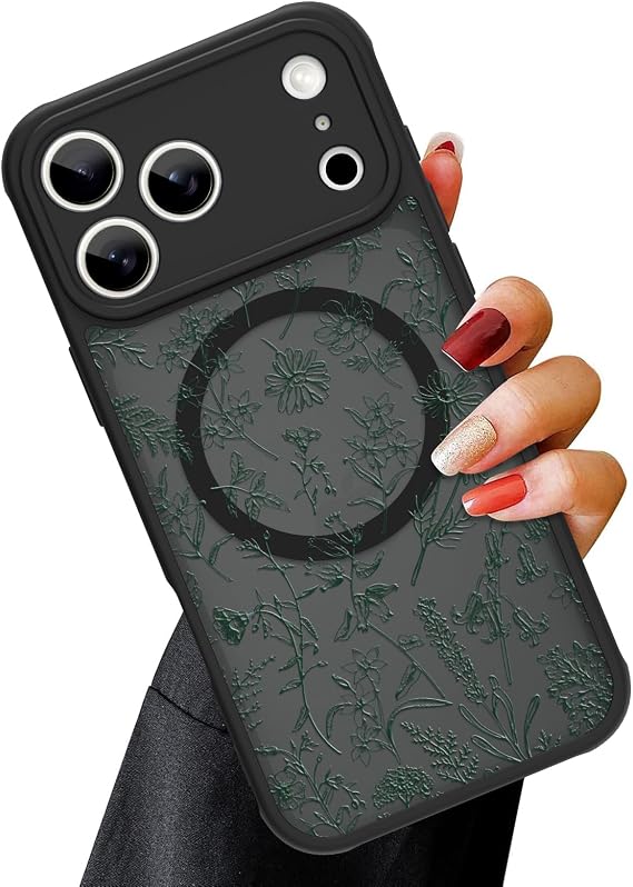 OOK for iPhone 17 Pro Case Magnetic Black Floral Green Design | Slim Translucent Matte [MagSafe Compatible] Full Camera Protection with Screen Protector, Gift giving & daily matching