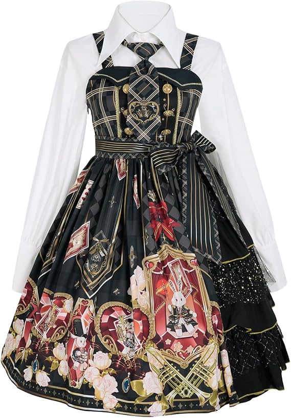 Women' Gothic Sweet Dress 2 Piece Set Bunny Print Halloween Costume