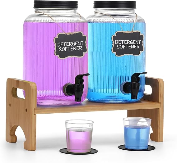 2-Pack Laundry Detergent Dispenser with Bamboo Stand,1 Gallon Laundry Soap Dispenser with Measuring Cup,Glass Laundry Detergent Containr for Laundry Room Organization and Storage