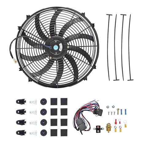 SSN 16" Electric Radiator Cooling Fan Thermostat Wiring Switch Relay Kit | Push Pull Electric Radiator Universal Slim Fan with 12V 120W Mount Kit Black