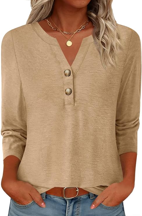 GKBK Womens Tops 3/4 Sleeve V Neck Button Down Henley Shirts Business Casual Outfit Basic Tees Summer Top 2026