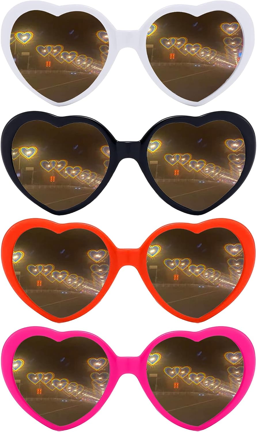 4pcs Heart Effect Diffraction Glasses, Heart Sunglasses with Heart Effects for Kids and Women, 3D love heart light glasses for Party and Play