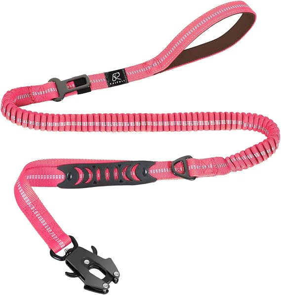 Raipult Tactical Shock Absorbing Bungee Dog Leash Heavy Duty, 4-6ft, Pink | for Large Dogs That Pull, Quick-Release Frog Clip, Dual Handles for Close Control, Car Seat Belt Clip, Reflective at Night