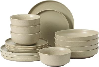 Gibson Elite Overbrook 16-Piece Pottery Clay Stoneware Dinnerware Set White Reactive Glaze, Stackable Plates and Bowls wPasta Bowl, Service for 4 Microwave & Dishwasher Safe