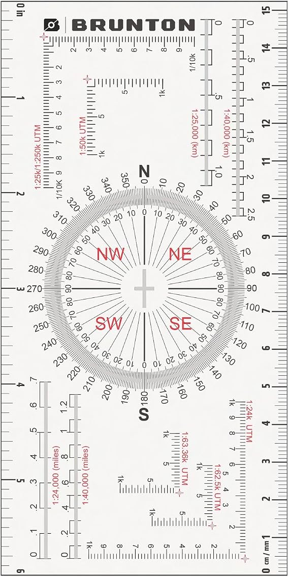 Brunton Map Multi-Tool Field Card for Plotting Bearings & UTM/Map Coordinates (Protractor, UTM Grids, Common Map Scales, Inch/cm Rulers, Strike-&-Dip Crosshairs) Waterproof, Ultralight