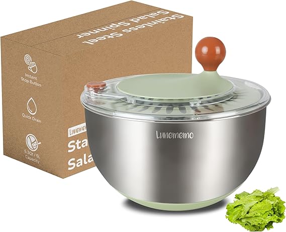 Lunememo Stainless Steel Salad Spinner, BPA Free, Quick Dry & Stop, 5.3 Qt
