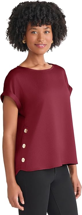 Jones New York Women's Short Sleeve Side-Button Satin Top