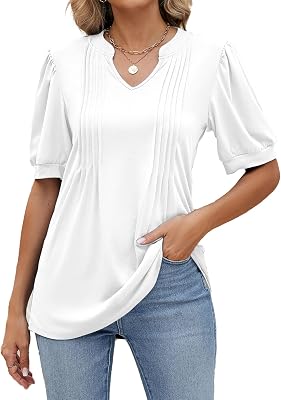 Womens Tops V Neck Puff Short Sleeve Summer Tshirts Casual Trendy Tunic Business Work Blouses