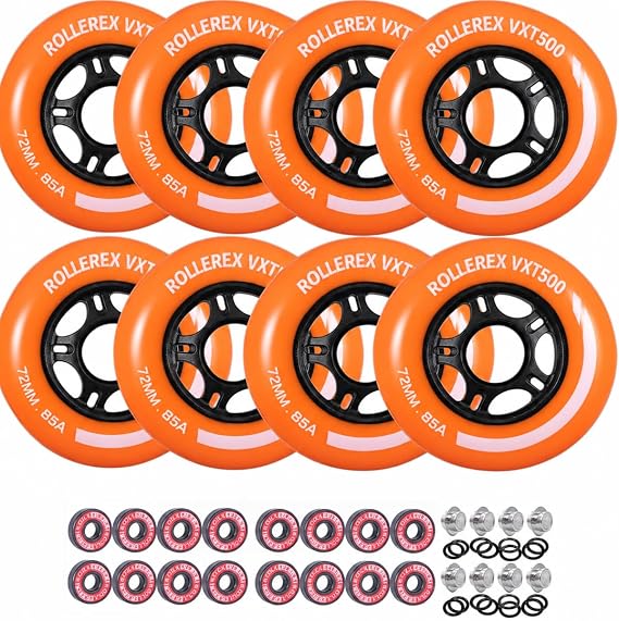 Rollerex VXT500 Inline Skate Wheels (Various Size & Color Options Available) (72mm Sunrise Orange (8 Wheels w/Bearings, spacers and washers)) -Indoor Outdoor- Intended to Replace Roller Blade Wheels