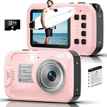 Underwater Camera 4 K UHD 64MP Autofocus Digital Camera Waterproof with 32GB Card IP68 & 16FT Underwater Camera with IPS HD Screens 16X Floatable Digital Zoom Brightening Light for Snorkeling