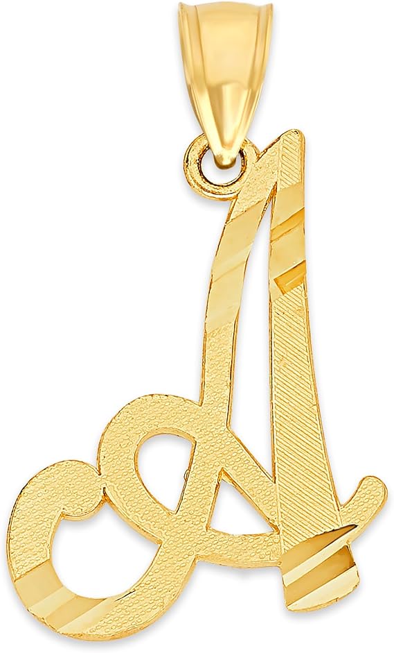 10k Solid Real Gold Cursive Initial Pendant, English Alphabet A-Z Letter Charm with Diamond Cut (A)