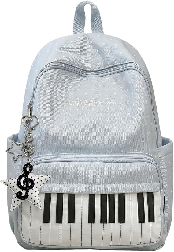 Piano Backpack Whimsical Twee Backpack Y2k Cute Daypack Medium Bookbag Cutecore Supplies (Blue)