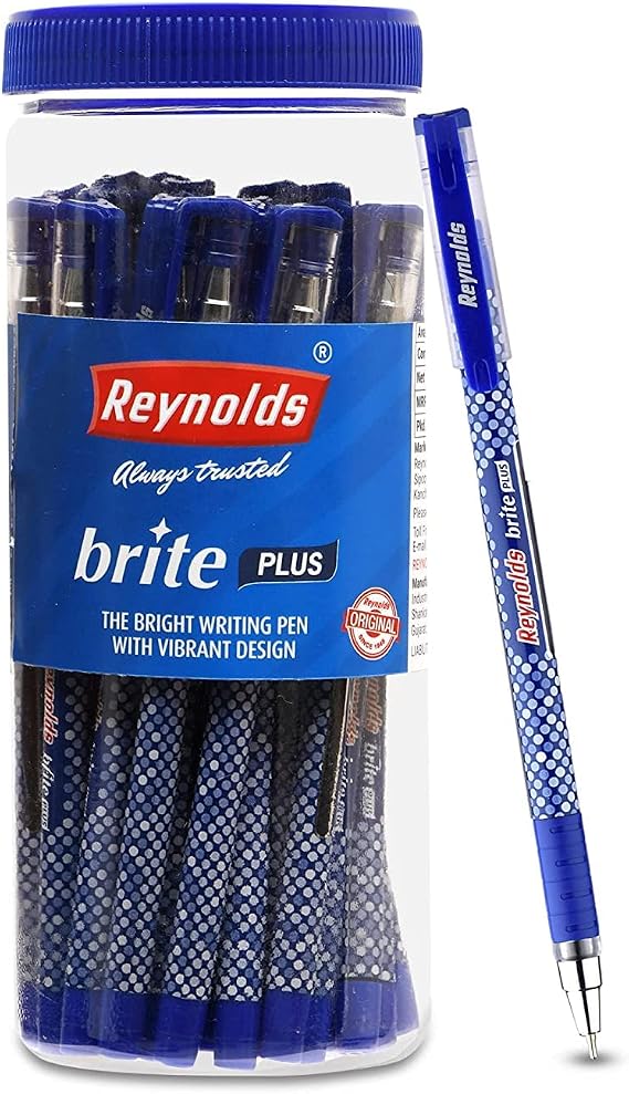 Reynolds BRITE PLUS 25 CT JAR - BLUE I Lightweight Ball Pen With Comfortable Grip for Extra Smooth Writing I School and Office Stationery | 0.7mm Tip Size