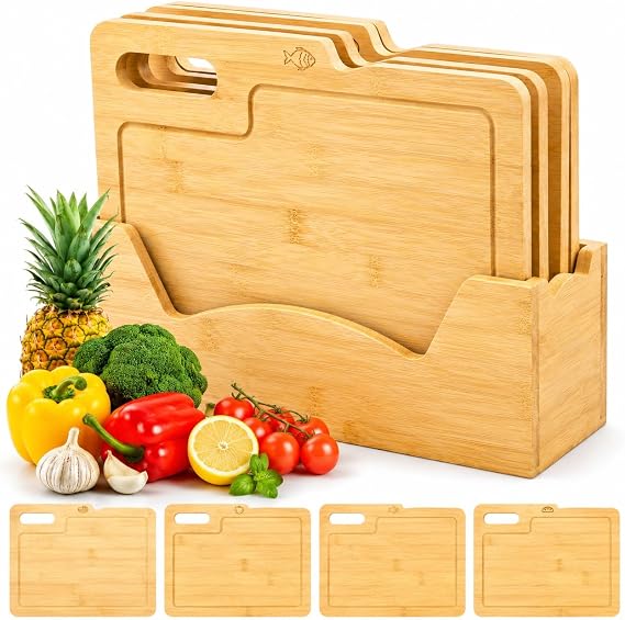 ZENFUN 4 Pack 12.5"L x 9.8"W Bamboo Cutting Boards with Holder, Wood Cutting Board Set, Chopping Boards Set with Food Icons, Kitchen Cutting Board Ideal for Meat, Fish, Bread, Vegetable, Fruit