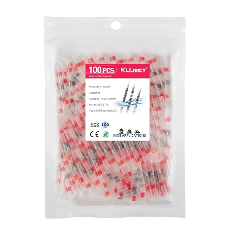 Kuject 100PCS Solder Seal Wire Connectors AWG 22-18, Red Solder Seal Heat Shrink Butt Connectors Terminals Solders Sleeve Waterproof Wire Splice Connector for Marine Automotive Boat Wire Joint