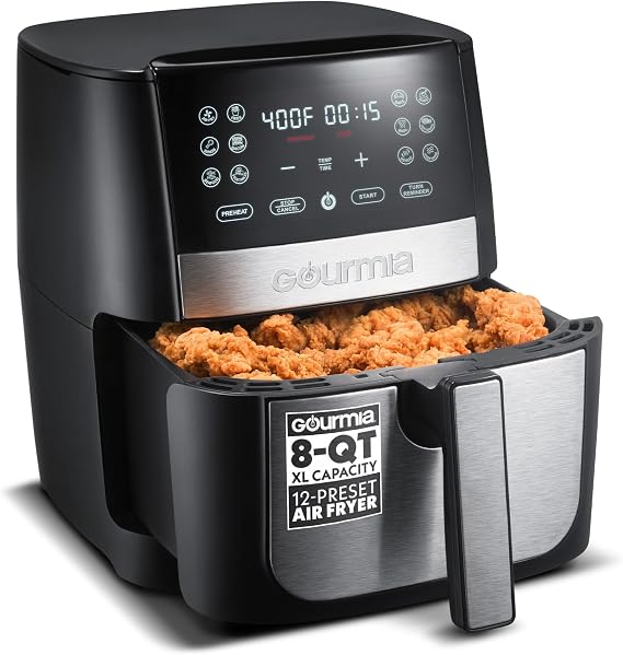 Gourmia 8 Qt Digital Air Fryer GAF826 XL Capacity with 12 One-Touch Presets, Nonstick Dishwasher Safe Basket, Oil-Free Cooking, ETL-Certified, Sleek Black Finish