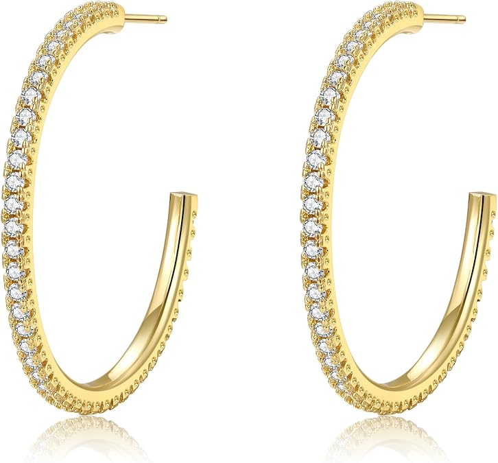 925 Sterling Silver Earrings Large Rhinestone Hoop Earrings Big Cubic Zirconia Hoop Earrings Thin Rhinestones Round Hoop Earrings for Women 20/30/40/50/60/70mm Sparkly Hoops With Crystals for Womens