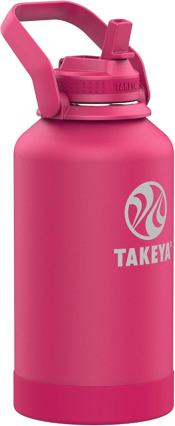Takeya Pickleball Stainless Steel Insulated Water Bottle with Straw Lid and Carry Handle, 64 Ounce, Backspin Pink