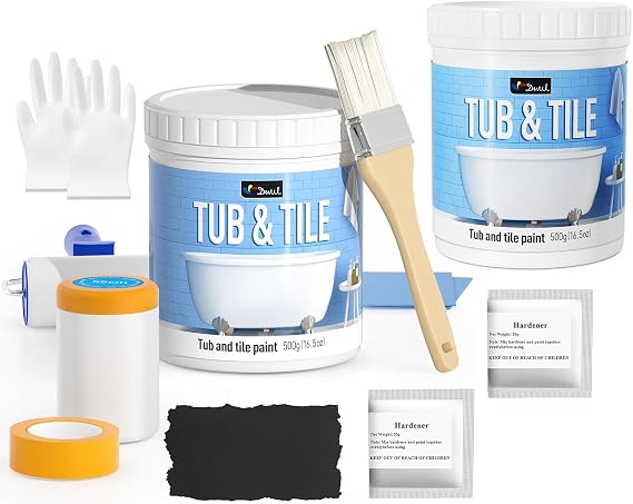 DWIL Tub and Tile Paint Refinishing Kit with Hardener, Semi Gloss Black, 50-55sq.ft, 1kg