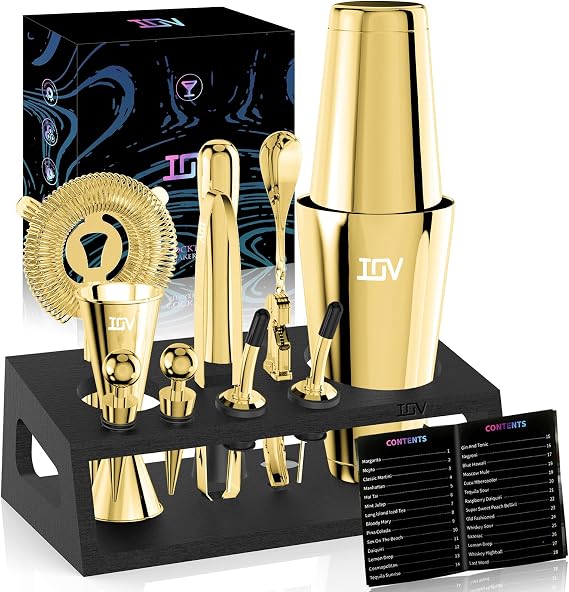 IOV Cocktail Shaker Set: 12-Piece Mixology Bartender Kit Bar Set | 16oz & 28oz Boston Shaker Drink Mixing Tools for Home with Recipe Booklet and Stand | Fun Housewarming Gift (Gold)
