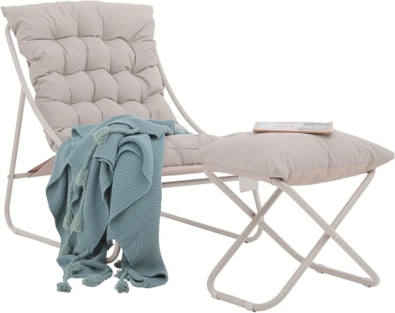 Patio Lounge Chair with Ottoman, Indoor Outdoor Comfy Sling Recliner Chair with Cushion, Modern Oversized Padded Lounge Chair Set with Footstool for Balcony Porch Garden, Champagne