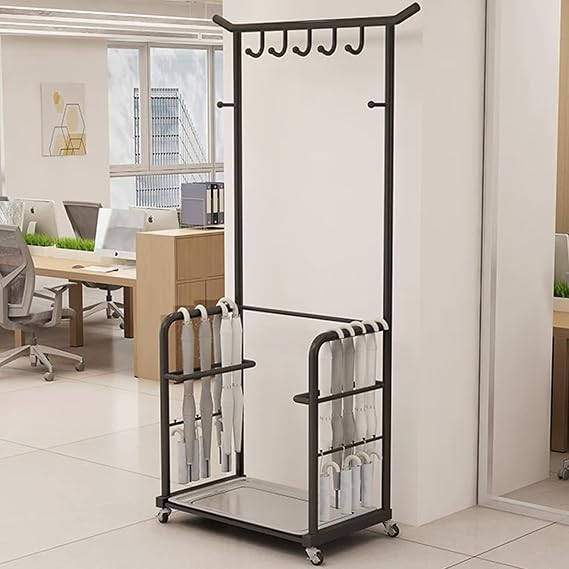 Large Metal Umbrella Holder Coat and Hat Holder with Removable Water Tray, Freestanding Rectangular Umbrella Stand Rack with Hooks, for Home, Entryway(Black)