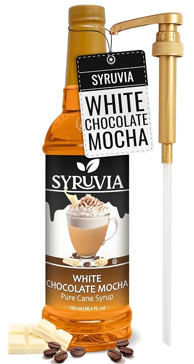 Syruvia White Chocolate Mocha Syrup For Coffee 25.4 Ounces, White Chocolate Mocha Flavoring For Coffee with Pump.