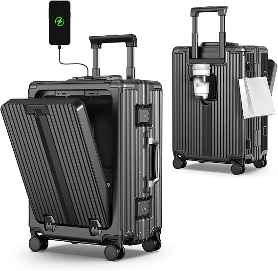 Portable Carry on Luggage Airline Approved, Luggage for Trips, Practical Suitcase with Front Pocket &USB Port. (01-Black)