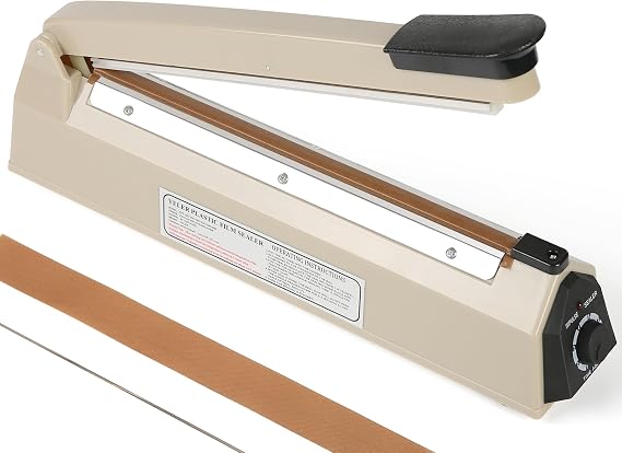12 Inch Impulse Heat Sealer - Manual Poly Bag Sealer Machine for Plastic PE PP Bags - Extra Replace Element Grip (Beige)