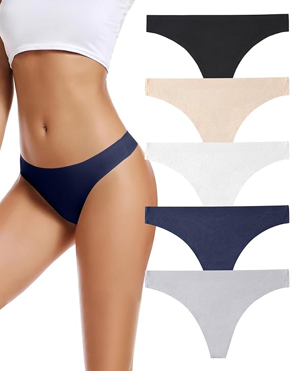voenxe Seamless Women Underwear Thongs,No Show Ladies Workout Thong,5 Pack | Invisible Breathable Comfortable Mesh Panties,No Seam Soft Low Rise Cut Athletic Undies for Sports Gym Running Exercise Work