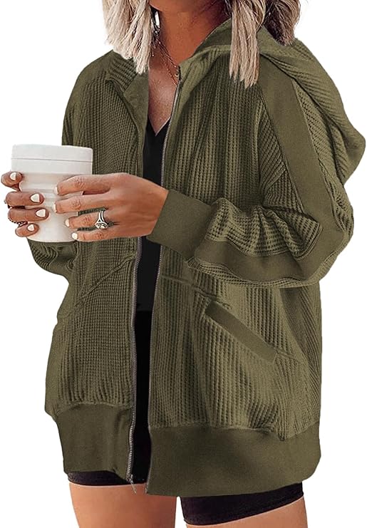 Eytino Plus Size Zip Up Hoodies for Women Oversized Waffle Knit Sweatshirt | Business Casual Outfits, Long Sleeve Outwear, Lightweight Jacket with Pockets, Workout & Daily Wear, Travel Airport Outfits