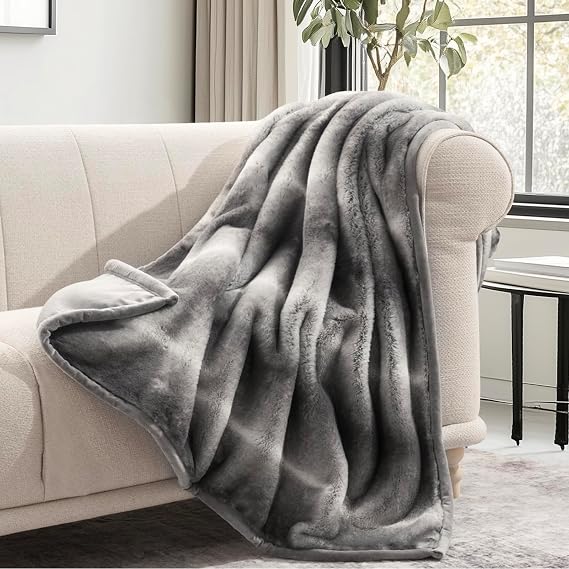 EVERGRACEHOME Mink Faux Fur Throw Blanket, Ombre Silver Onyx, 60"x80"