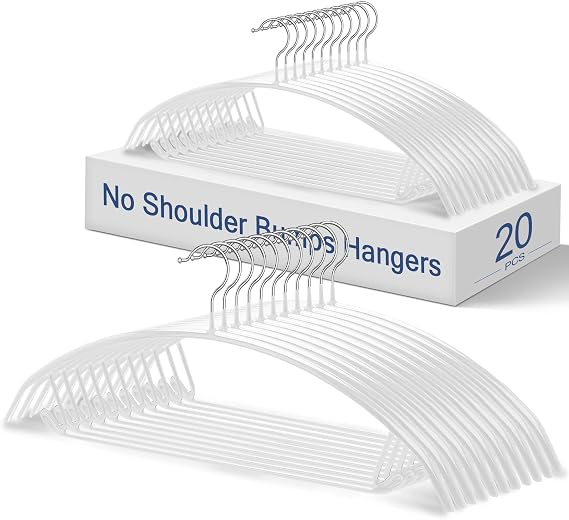 20 Pack No Shoulder Bump Metal Hangers (White) | Curved contour, rubber coating, 15 lb support, 16.5 in width, Sweaters/coats/knits