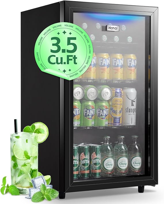Beverage Refrigerator Cooler 3.5 Cu.Ft 120 Can Small Fridge Black | Large Capacity with Glass Door, LED Light & Adjustable Shelves for Soda Beer Wine, Perfect for Home Bar Office