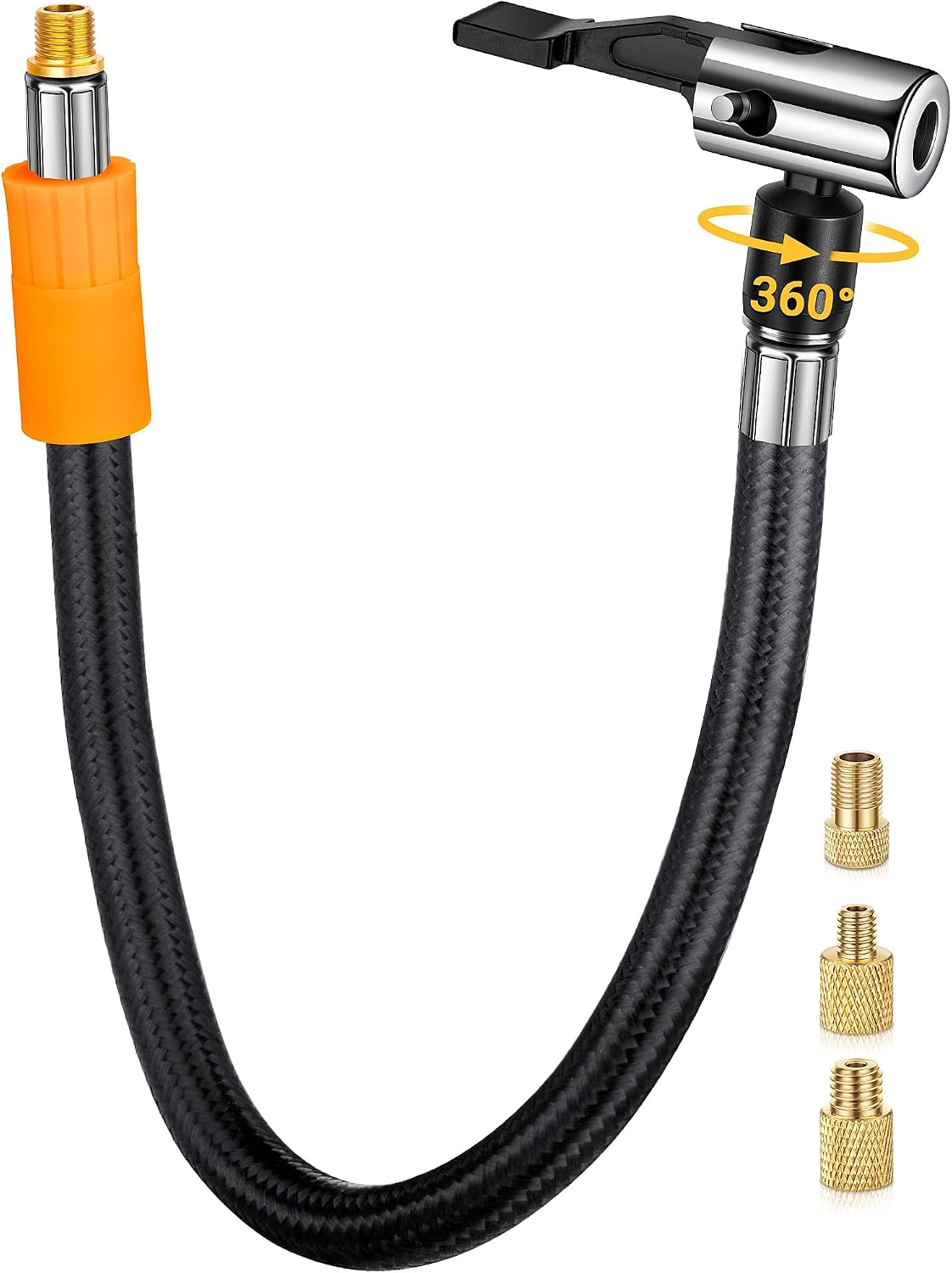 LUMITECO Tire Inflator Hose Adapter with 360-Degree Swivel Tire Air Chuck, 11 Inch Lock On Air Hose with Rotating Nozzle & Converting Nuts, Schrader Valve Adapter for Tire Pump Connect Air Compressor