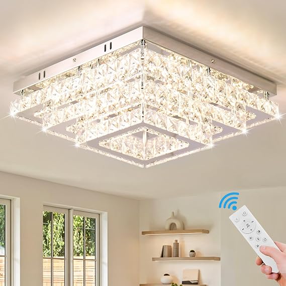 Finktonglan 15in Square Crystal LED Ceiling Light Dimmable Remote | Three-tier K9 crystal flush ceiling light with remote and app control for adjustable colour temperature and brightness. [Energy Class E]
