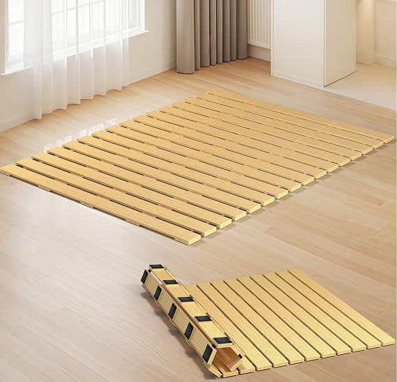 Japanese Tatami Mat Floor Bed, Knotless Solid Wood, Roll-Up Slatted, Bed Plate with 2 Storage Straps, Moisture-Proof and Breathable for Floor Sleeping or Futon Mattress, Twin
