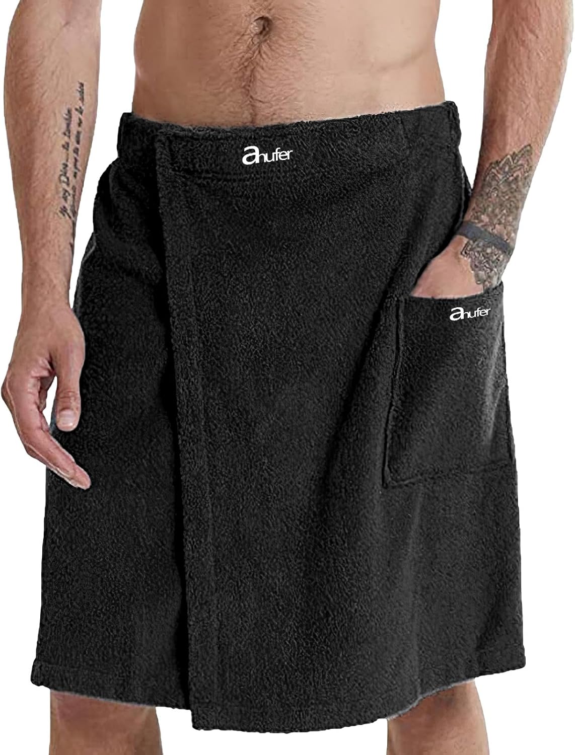 ANUFER Mens Adjustable Bath Towel Wrap - Wearable Towel Skirt with Pocket for Gym Shower Sauna Spa & Beach Cover Ups Black M