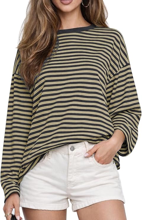 CHYRII Womens Oversized Striped Long Sleeve T Shirt Casual Fall Tops | Classic Stripes with Trendy Contrast,Crewneck Oversized Relaxed Fit,Versatile Everyday Top,Comfortable Fashion Y2K Clothes