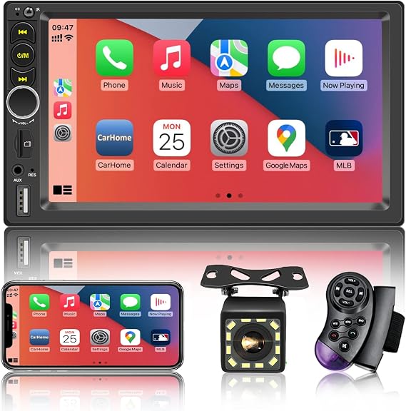 7'' Double Din Car Stereo Build-in Apple Carplay,Bluetooth 5.1 Hand-Free Calling,Touchscreen Car Radio,GPS Navigation,Car FM,Night Vison Backup Camera,Fit Your Car,USB/TF/Subwoorf/240 watts