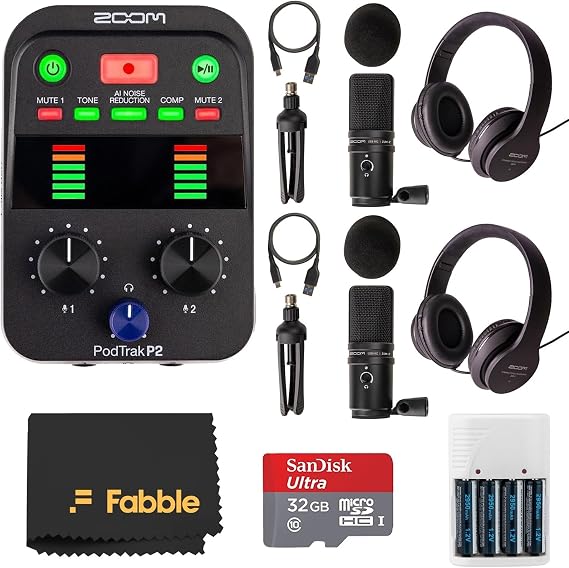 Zoom PodTrak P2 Bundle with 2 ZUM-2 Mics, 2 ZHP-2 Headphones, 2 Tripod Stands, Mounts, Windscreens, USB-C Cables, 32GB microSDHC Card & AA Battery Kit with Charger