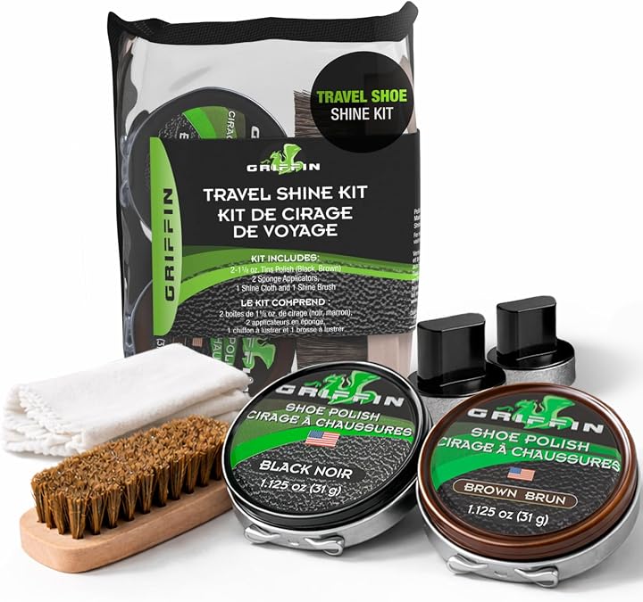 Griffin Shoe Shine Kit Clean, Protect & Shine Shoes On-the-Go Complete Leather Boot Care Kit With Black & Brown Polish