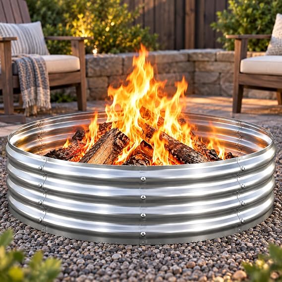36" Heavy Duty Fire Pit Ring for Outside, Galvanized Steel Wood Burning Firepit Insert for Backyard Bonfire, Outdoor Fireplace, Camping & Patio Gatherings, High Heat Resistant Metal Fire Ring