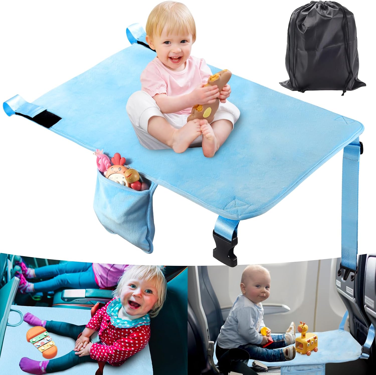Toddler Airplane Bed, Portable Kids Airplane Seat Extender, Airplane Travel Essentials for Toddlers, Comfortable Footrest for Kids, Toddler Travel Bed Essential for Flight Blue