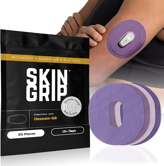 Skin Grip Adhesive Patch Compatible with Dexcom G6 Adhesive Patches Waterproof & Sweatproof with Cutout, Lasts 10-14 Days, Continuous Glucose Monitor Patch, CGM Sensor Cover 20 Pack, Purple