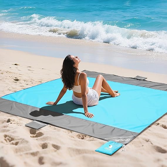 covacure Beach Blanket Waterproof Sandproof 79X 83"- Large Beach Blanket Sandproof Fits for 4 Adults, Waterproof Beach Mat with 3 Zipper Pocket, Outdoor Beach Mat for Travel, Camping, Hiking