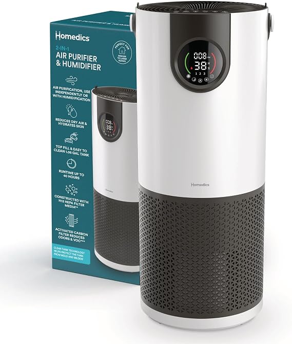 Homedics 2-in-1 Air Purifier & Evaporative Humidifier for Large Rooms | HEPA Air Cleaner, Filtered Humidification, Digital Air Quality Sensor, Auto Mode, Tower Design for Home, No Visible Mist